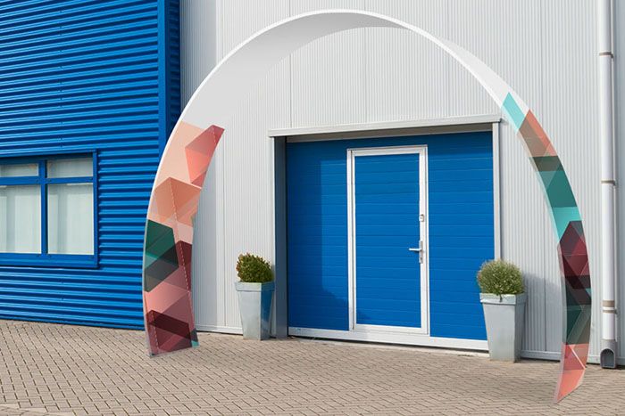 Runder Zip-Textil Bogen mit Stecksystem, Wunschmotiv auf Stoff und Rollkoffer Runder Bannerbogen – Zip-Textil mit Druck