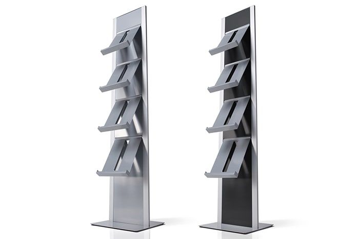 Formschöne Prospektstele aus Aluminium in Schwarz und Silber erhältlich Freistehende Aluminium-Prospektstele Slim in Schwarz und Silber